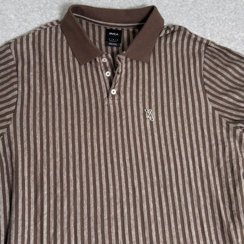 RVCA Men’s Striped Cotton Polo Shirt Brown Casual Everyday Wear Size M